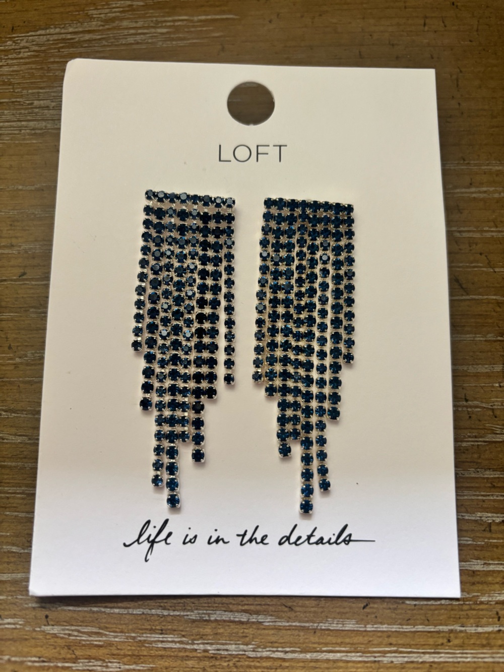 LOFT Navy Blue Rhinestone Fringe Drop Earrings